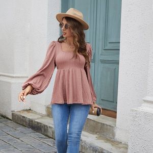 Dusty Pink Lantern Sleeve Peplum Hem Tee